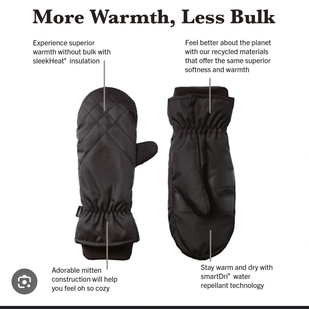 NWT Isotoner Sleek Heat Black Mittens with SmartDri‎ & Touchscreen Technology